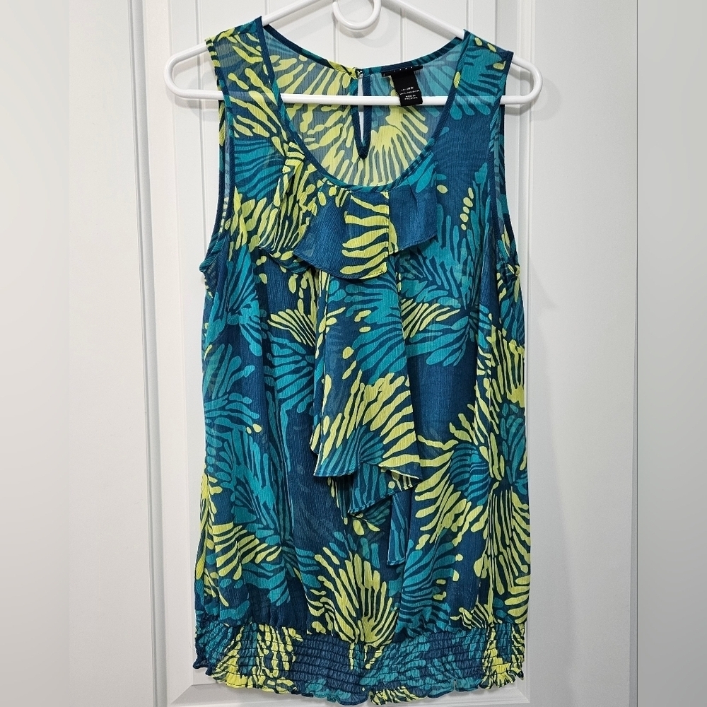 Lane Bryant Tropical Teal and Yellow Sleeveless Sheer Top Plus Size 14/16 - Picture 1 of 6
